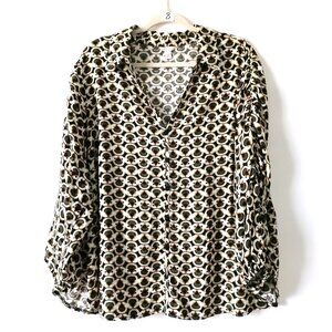 Cato Womens Multicolor Ruched Sleeve V Neck Geometric Blouse Top Size 22/24W